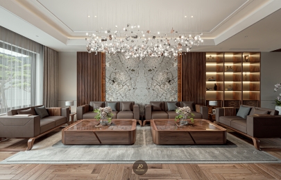 Nội thất phòng khách sang trọng sử dụng sofa gỗ óc chó Việt Á Đông